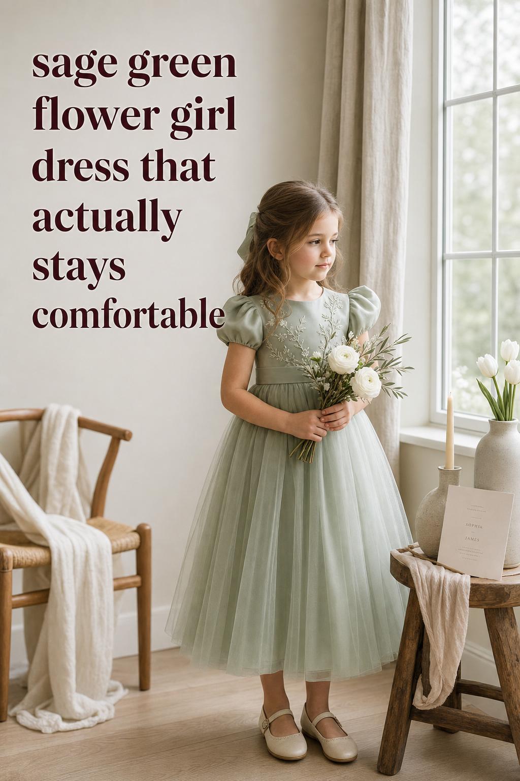 Sage green flower girl dress in a Scandinavian bridal suite, child holding white ranunculus bouquet by a tall window