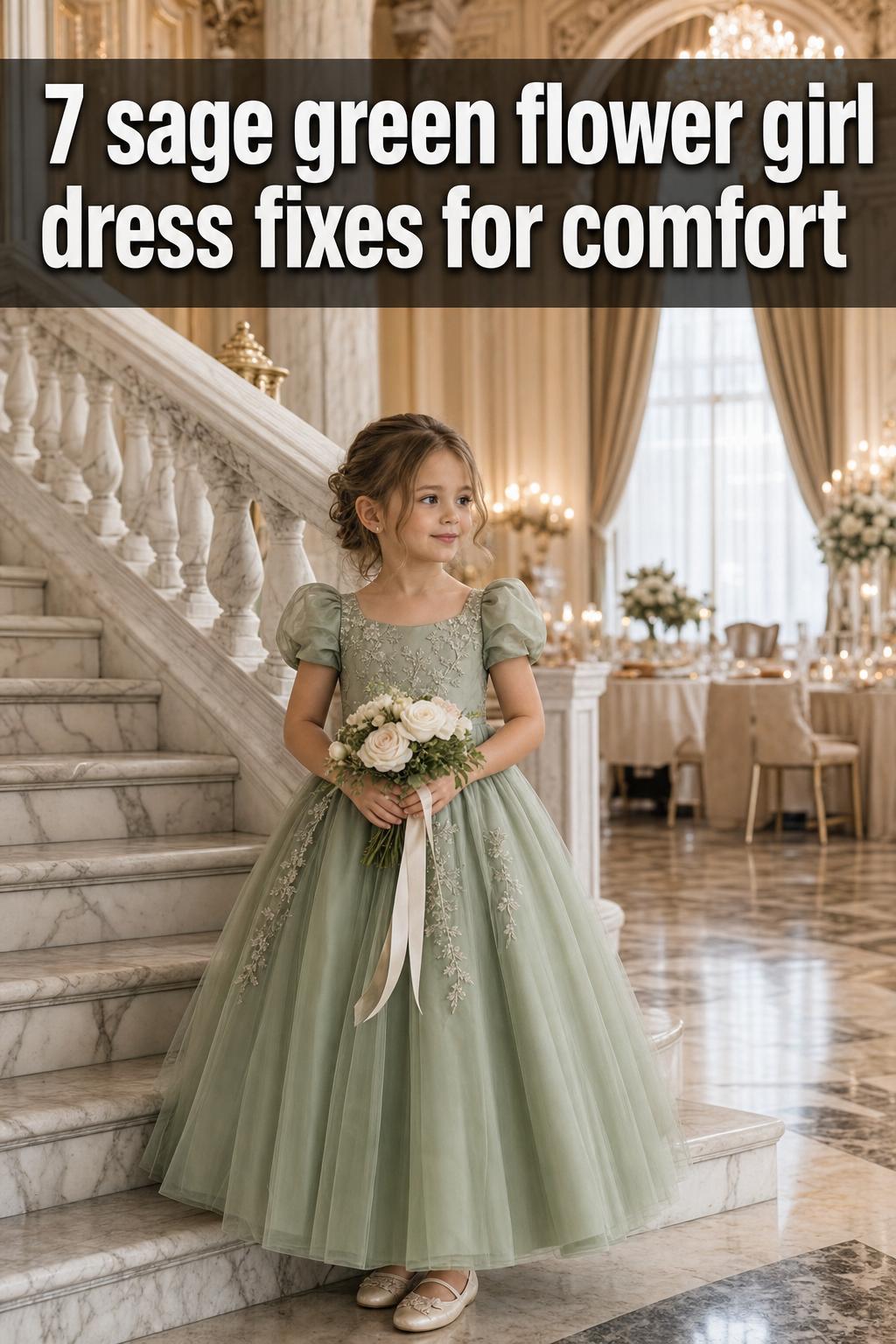 Sage green flower girl dress in soft tulle with a satin sash for a timeless wedding look