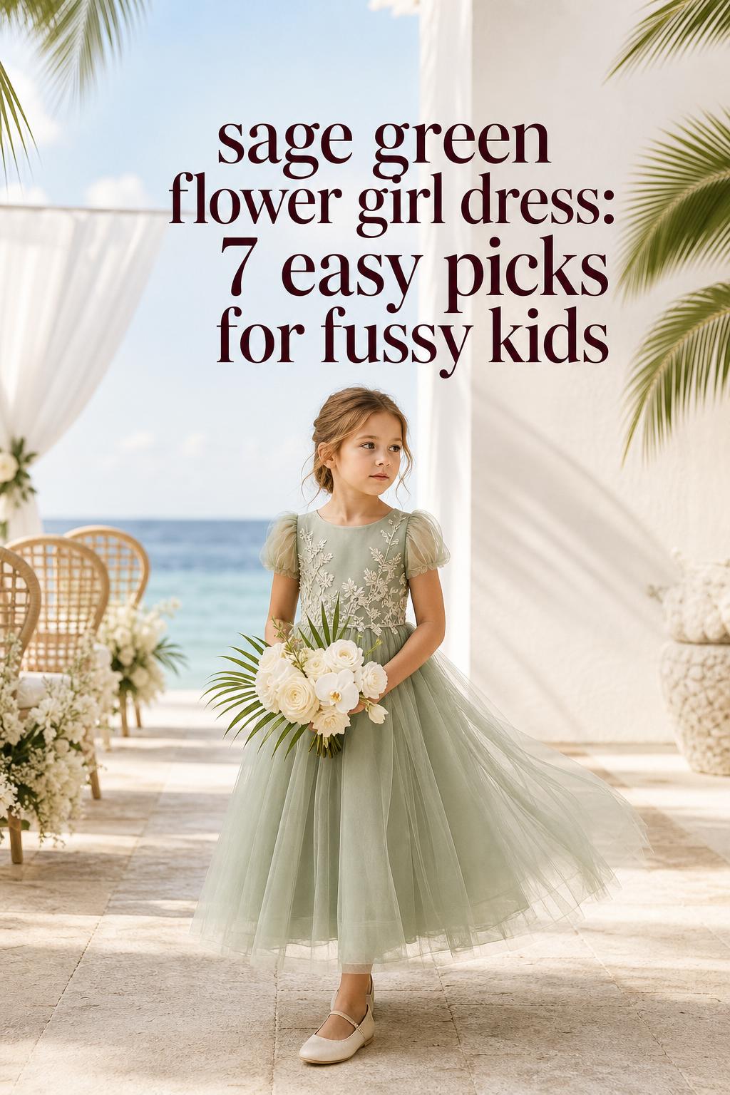 Sage green flower girl dress on a young girl holding orchids at a luxury tropical wedding terrace in bright daylight
