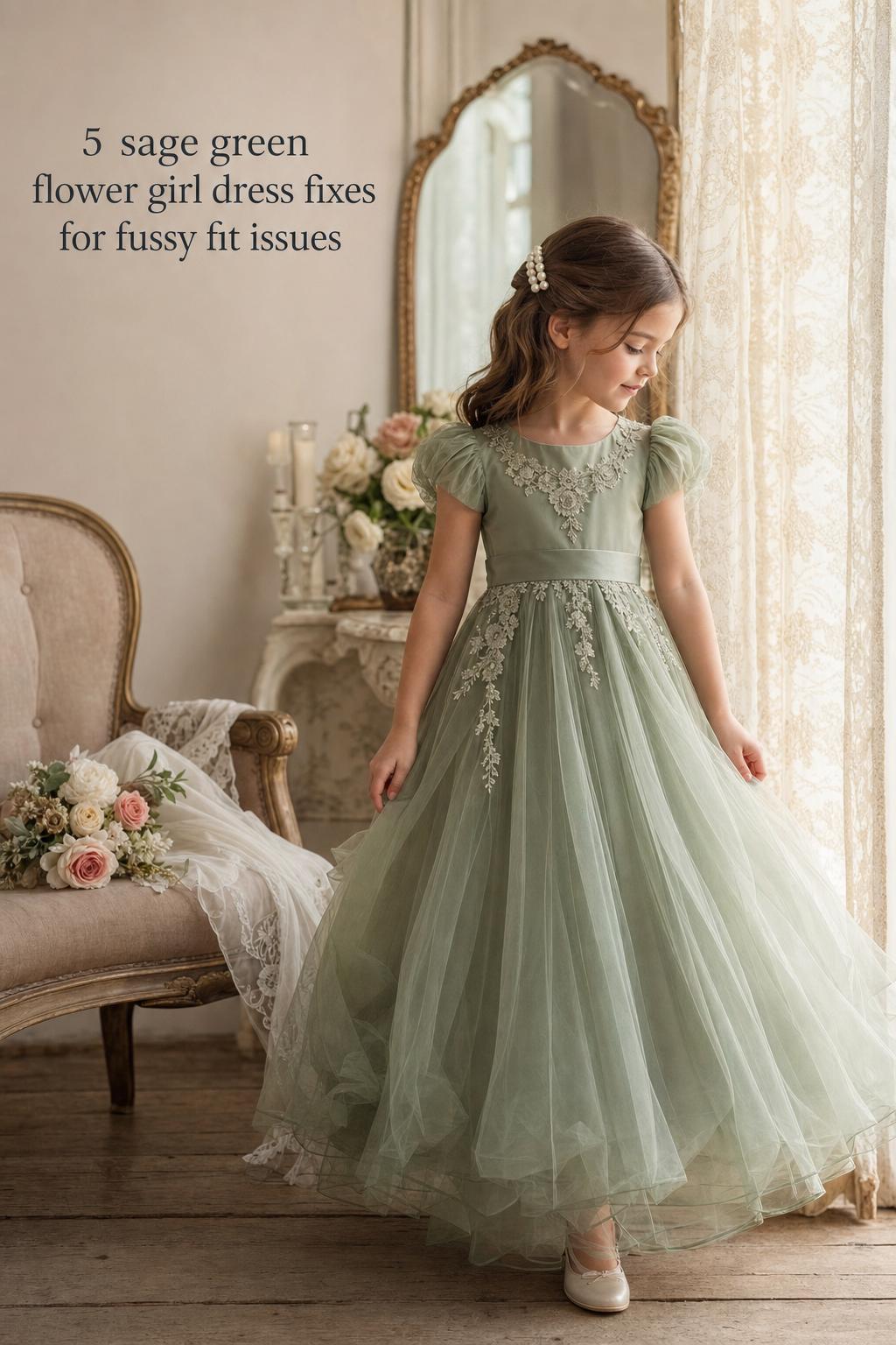 Sage green flower girl dress in vintage bridal suite by lace window, soft tulle skirt and satin bodice in warm morning light