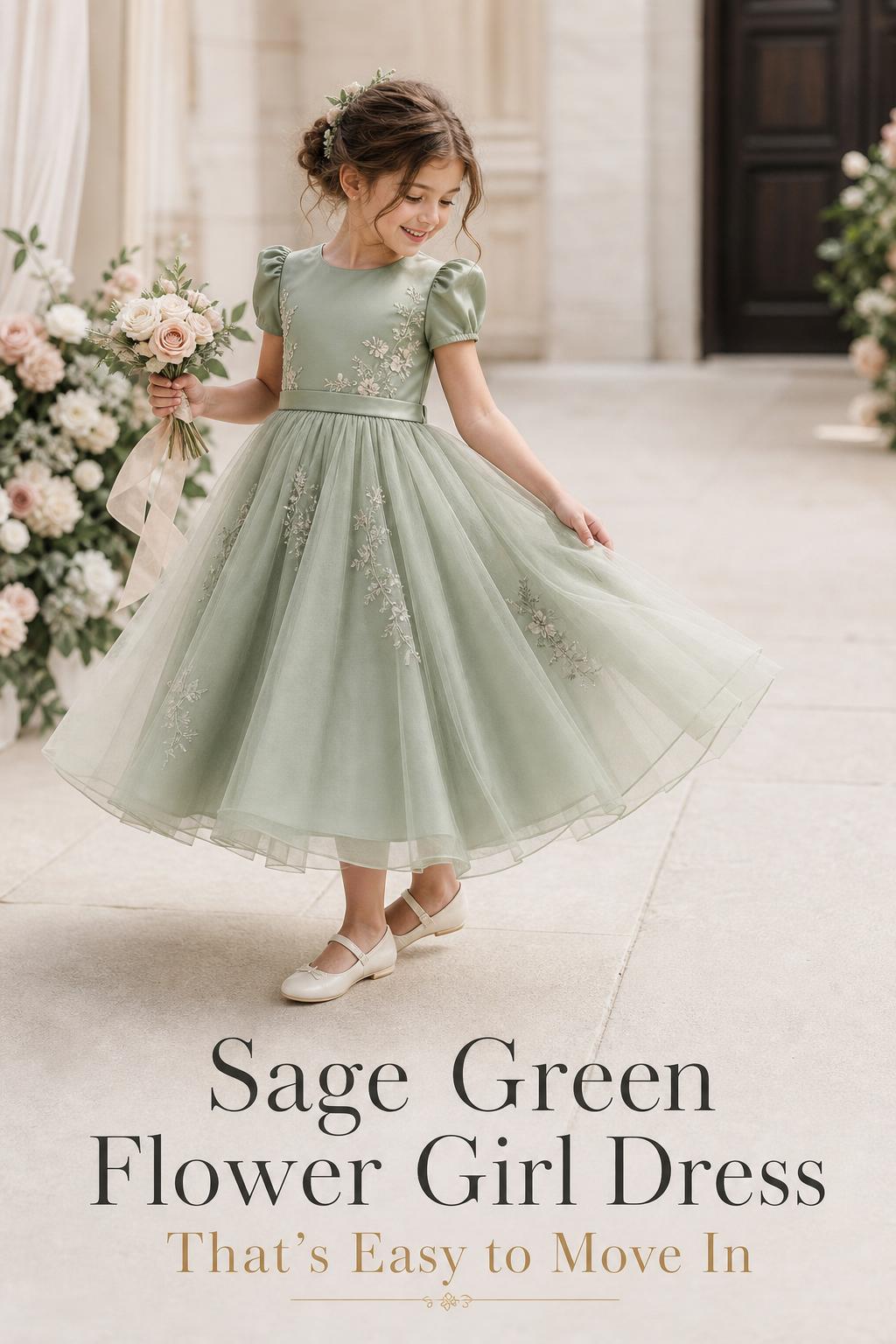 Sage green flower girl dress in a modern wedding aisle, airy tulle A-line with satin bodice and floral embroidery