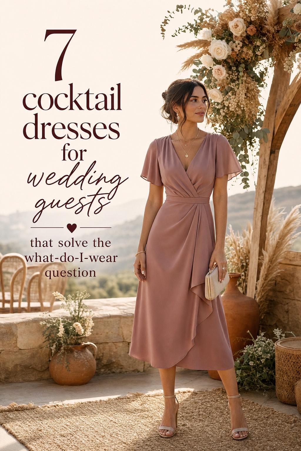 Woman in sage midi dress at boho luxe venue with overlay, showcasing cocktail dresses for wedding guests