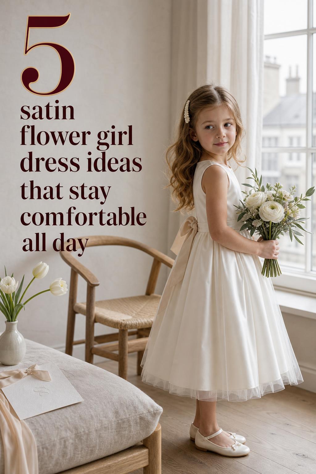 Satin flower girl dress in a bright Scandinavian bridal suite, child holding white ranunculus by a tall window
