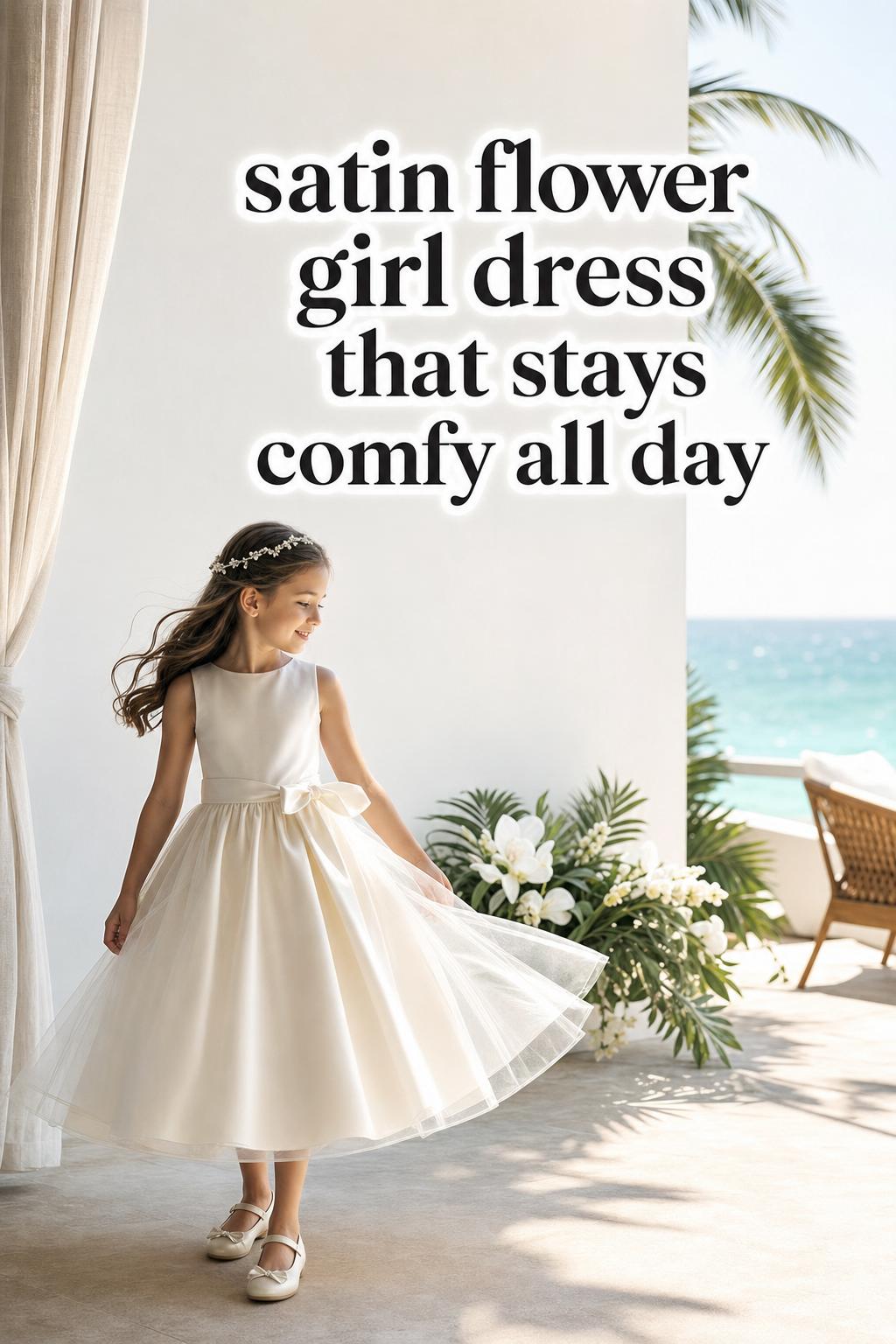 Satin flower girl dress in a tropical luxury wedding editorial on an island villa terrace with ocean view and soft palm greenery