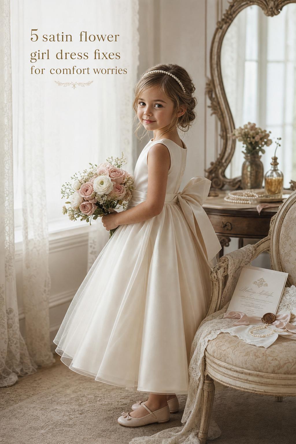 Satin flower girl dress in vintage bridal suite by window, child holding rose bouquet with soft morning light and heirloom details.