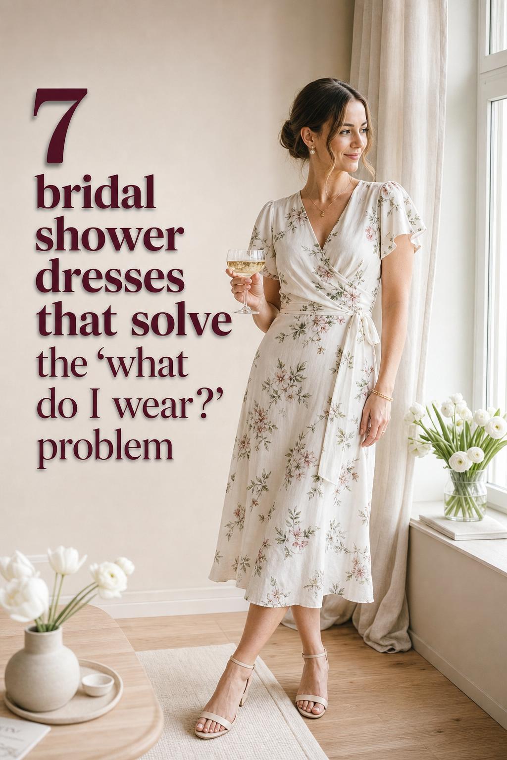 Scandinavian minimal bridal suite photo of a woman in elegant bridal shower dresses by a bright window with tulips