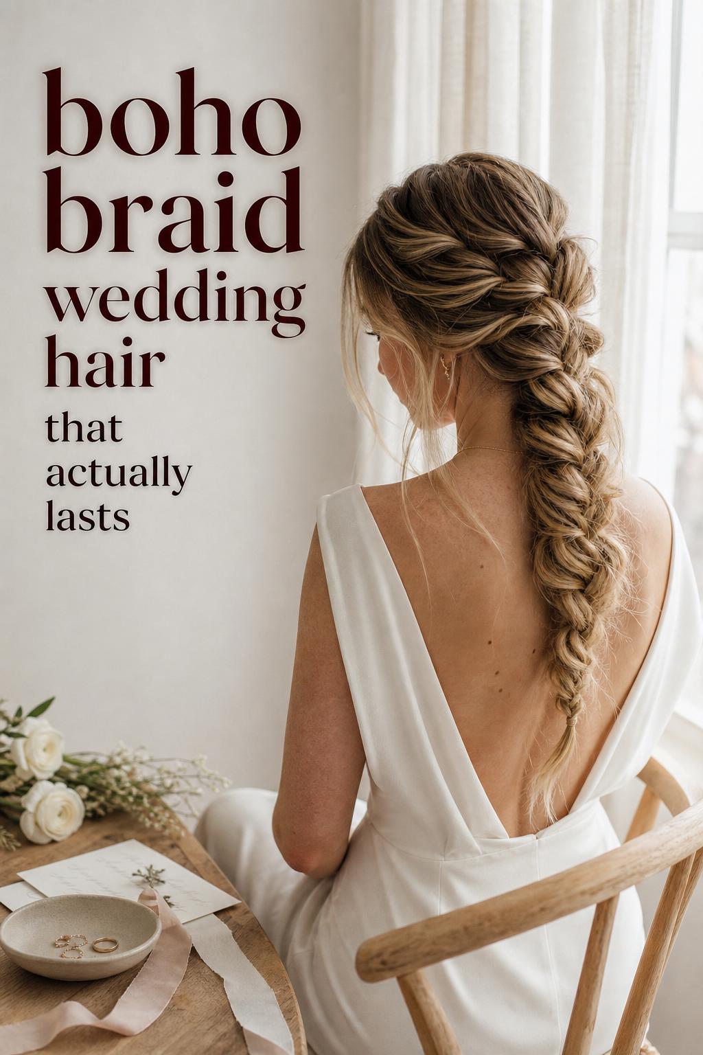 Minimalist Scandinavian bride by a bright window showcasing boho braid wedding hair with soft tendrils and an open-back ivory gown