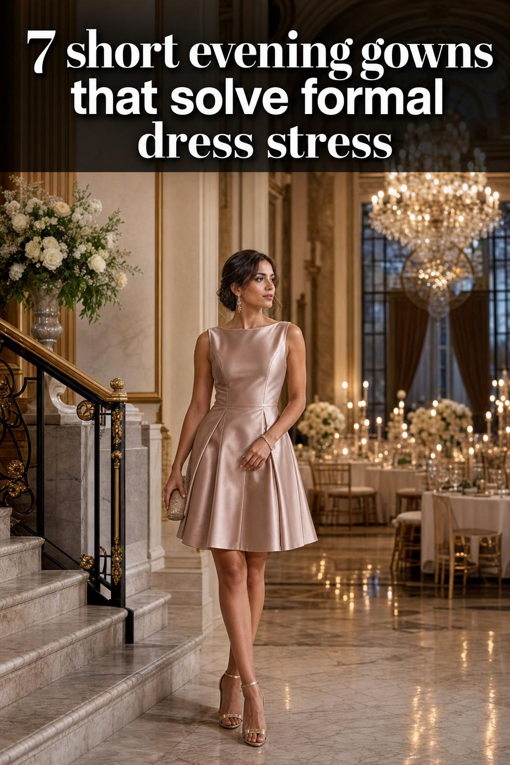 Short evening gowns on a rack in a boutique, elegant satin and sequins under warm lighting