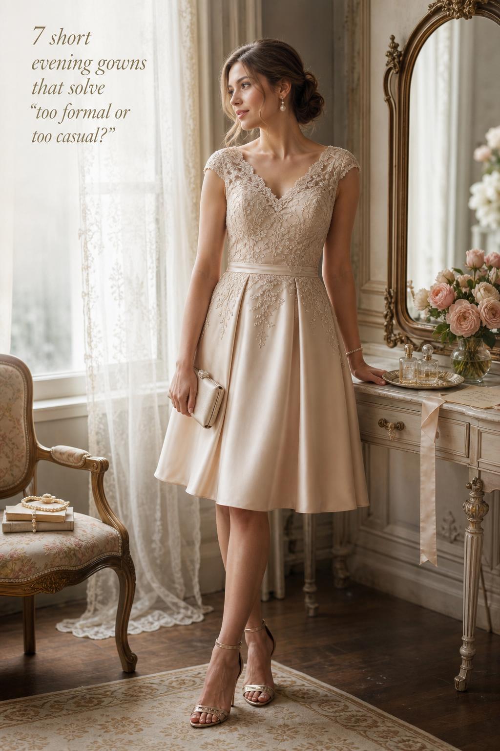 Short evening gowns styled for a wedding event, woman in champagne knee-length dress by a window in an elegant bridal suite