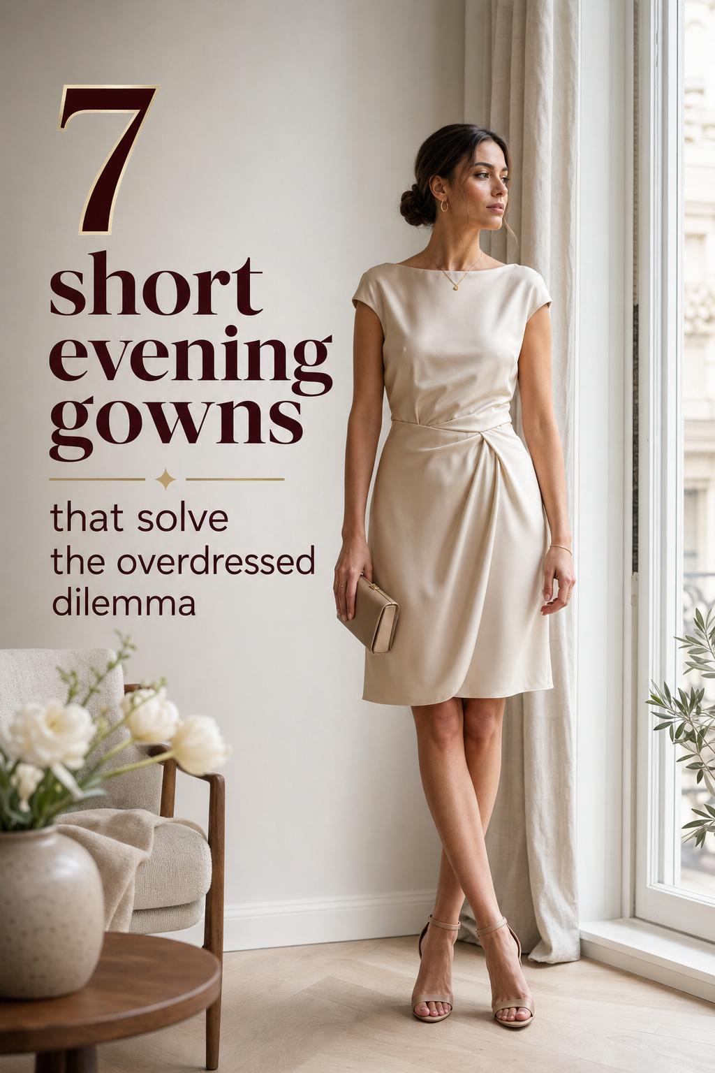 Refined wedding guest in short evening gowns by a bright Nordic window, minimalist Scandinavian bridal suite with text overlay