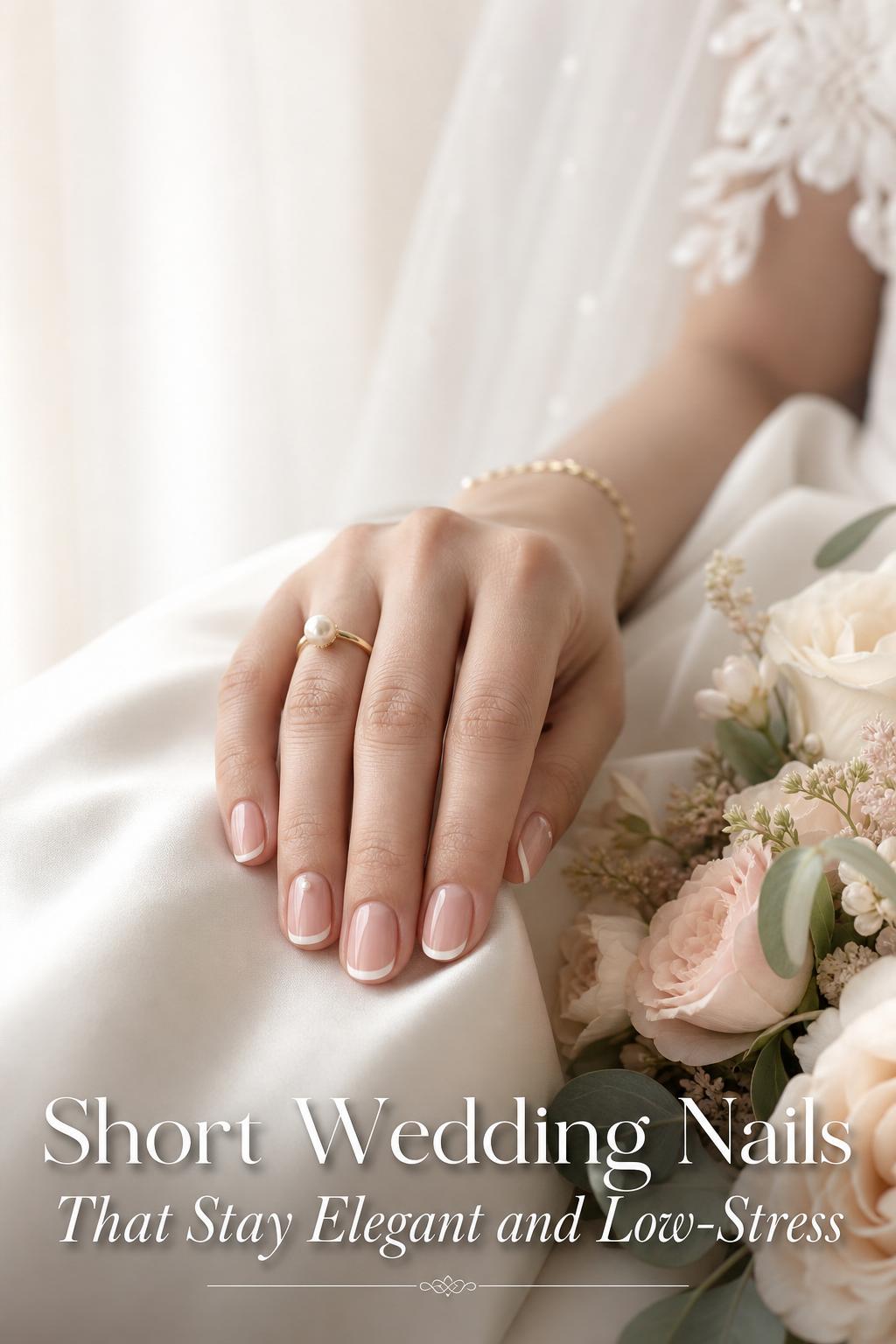 Short wedding nails close-up on bride’s hand with sheer pink nude French tips on ivory satin, bouquet softly blurred.