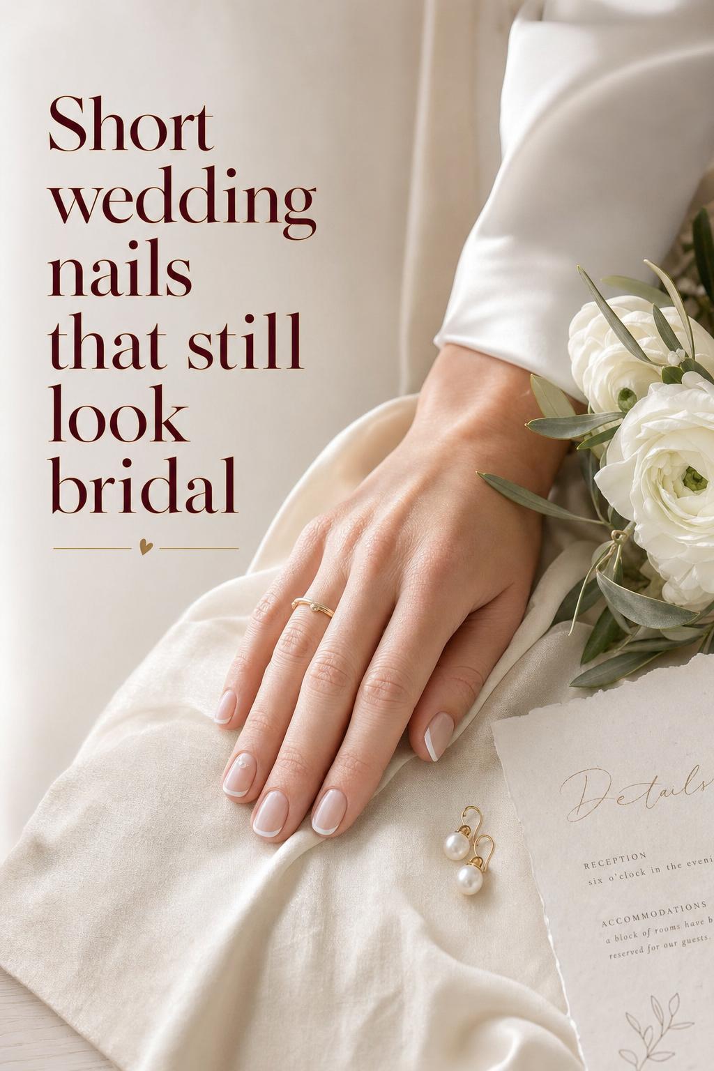 Short wedding nails with sheer pink nude French tips and pearl accent on bride’s hand beside ivory silk and bouquet