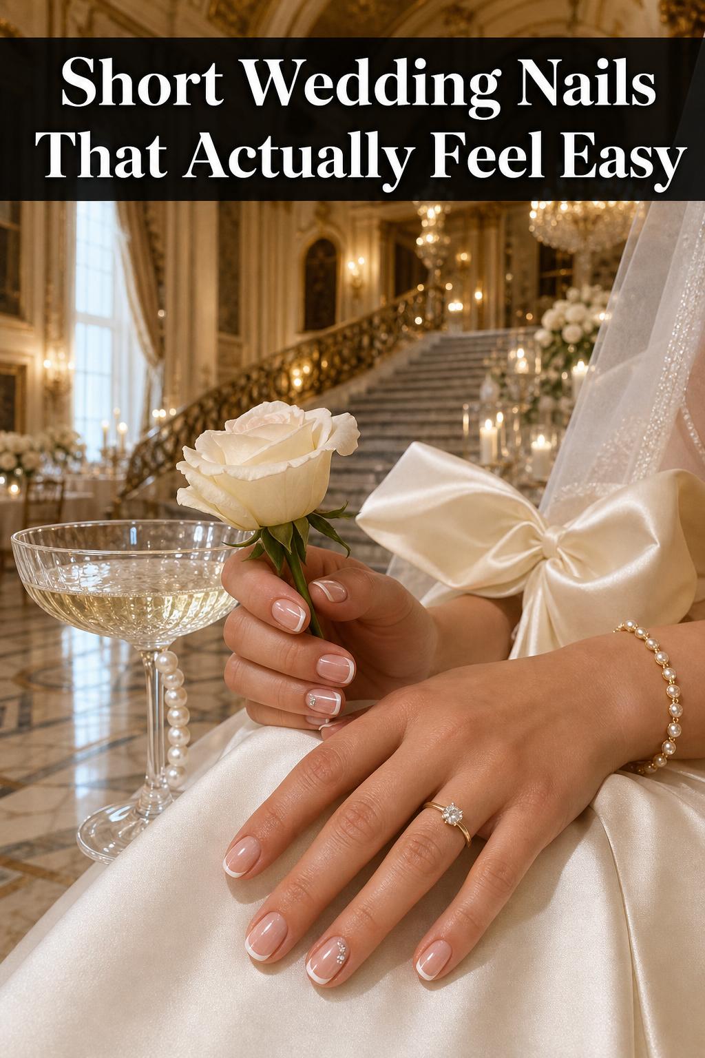 Short wedding nails with glossy nude polish and delicate white floral accents, photographed in soft natural light