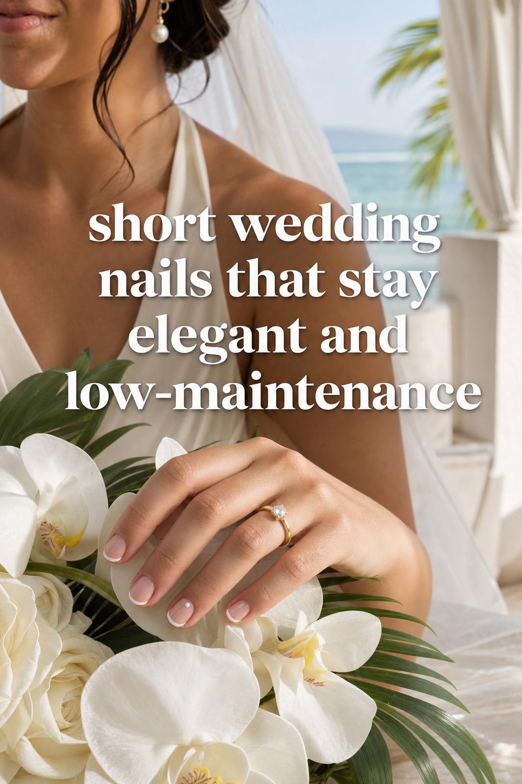 Short wedding nails in sheer pink nude with micro French tips on bride’s hand resting on orchids at a tropical wedding