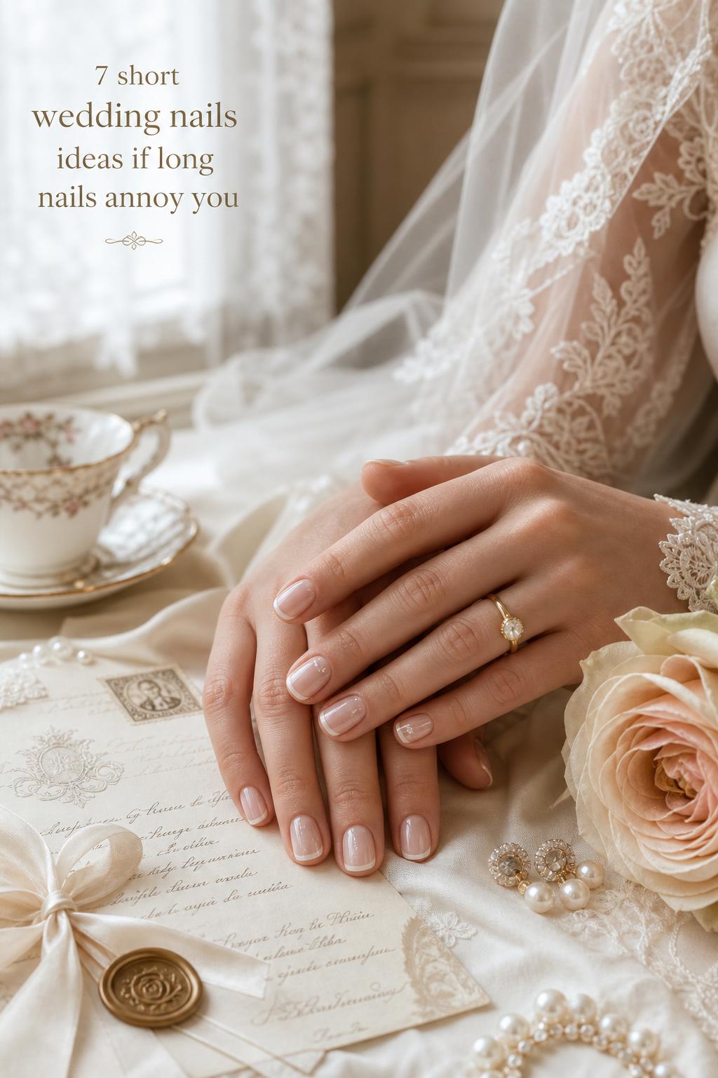 Short wedding nails close-up on bride’s hands with sheer pink French tips beside ivory lace and handwritten invitation