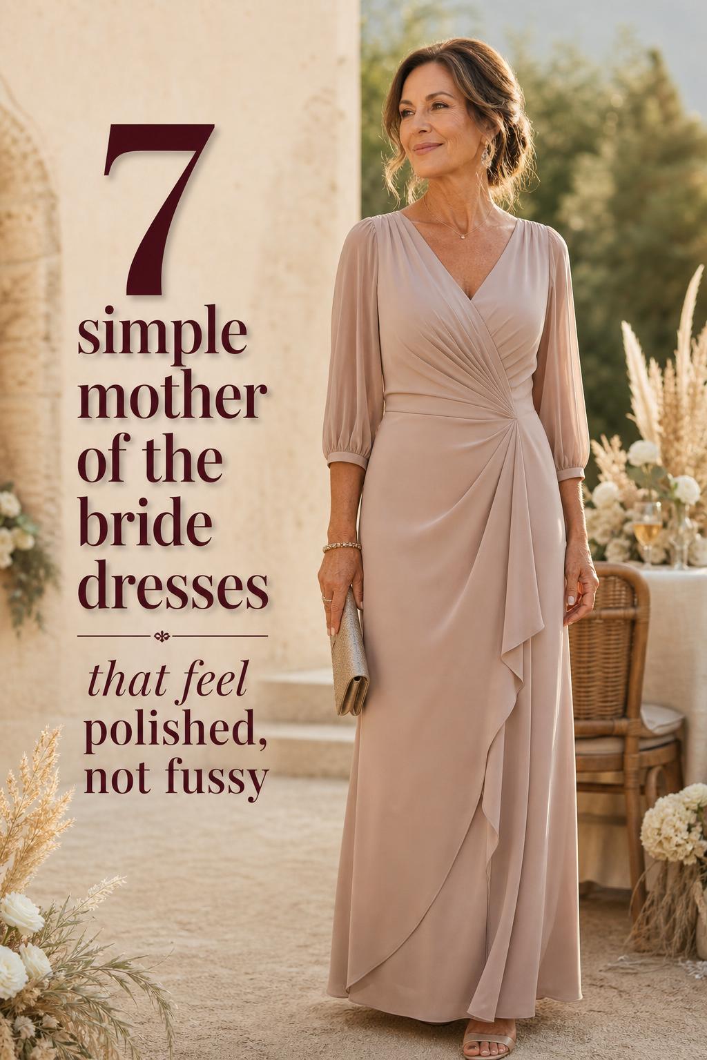 Woman in champagne gown at outdoor wedding, showcasing simple mother of the bride dresses in golden-hour light