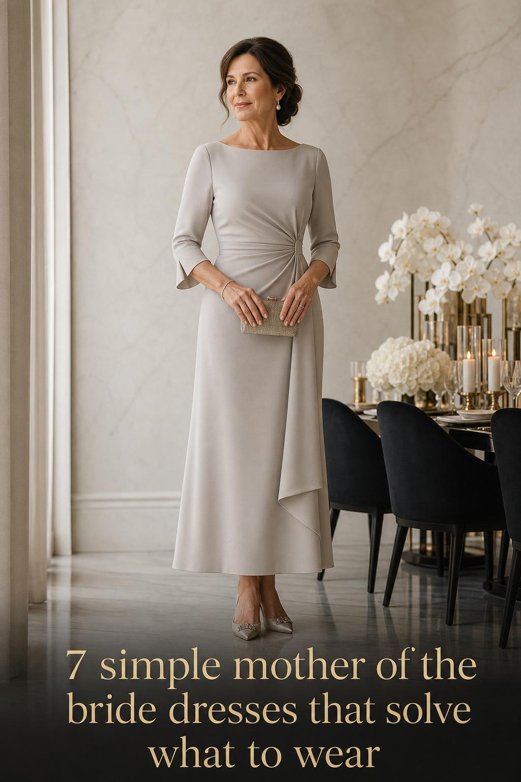 Elegant woman in a luxury venue wearing simple mother of the bride dresses in a monochrome wedding editorial setting