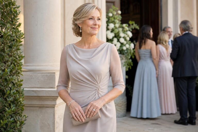 Simple mother of the bride dresses in navy and champagne, photographed on elegant mannequins with clean, modern silhouettes