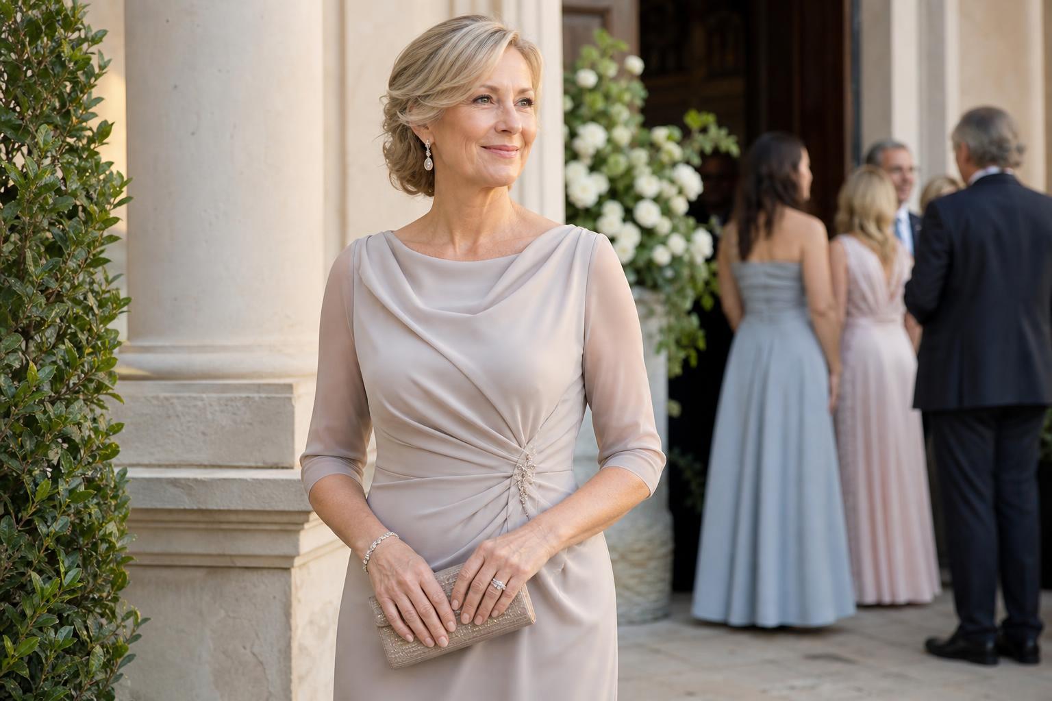 Simple mother of the bride dresses in navy and champagne, photographed on elegant mannequins with clean, modern silhouettes