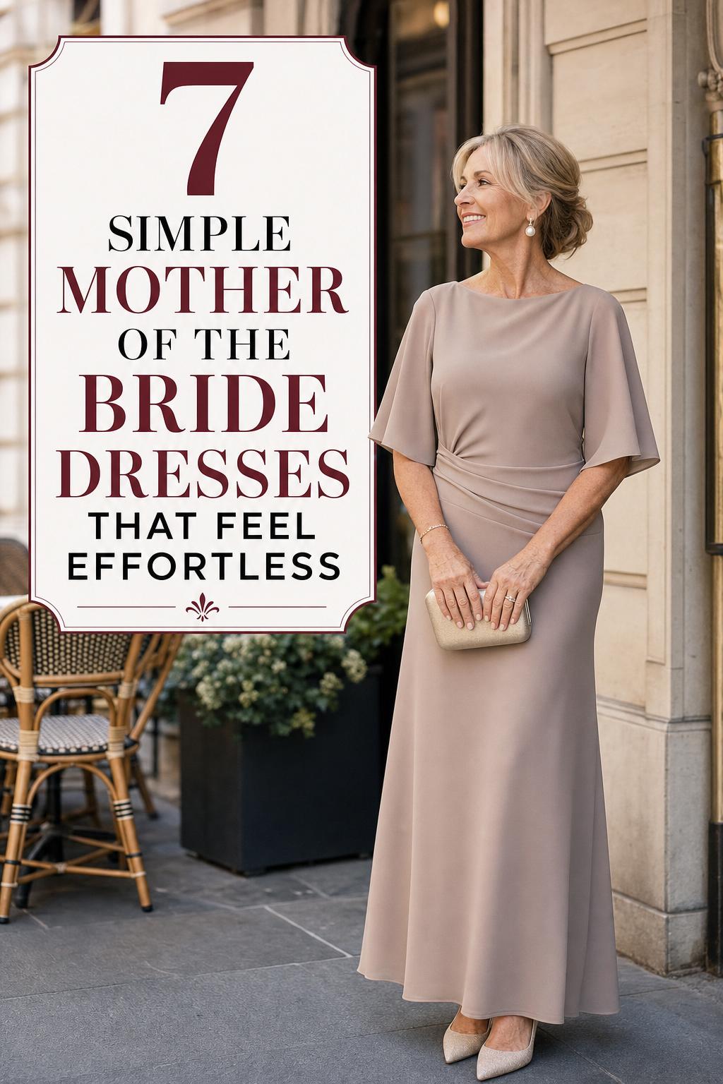 Simple mother of the bride dresses in Parisian chic setting, elegant woman in champagne gown with text overlay