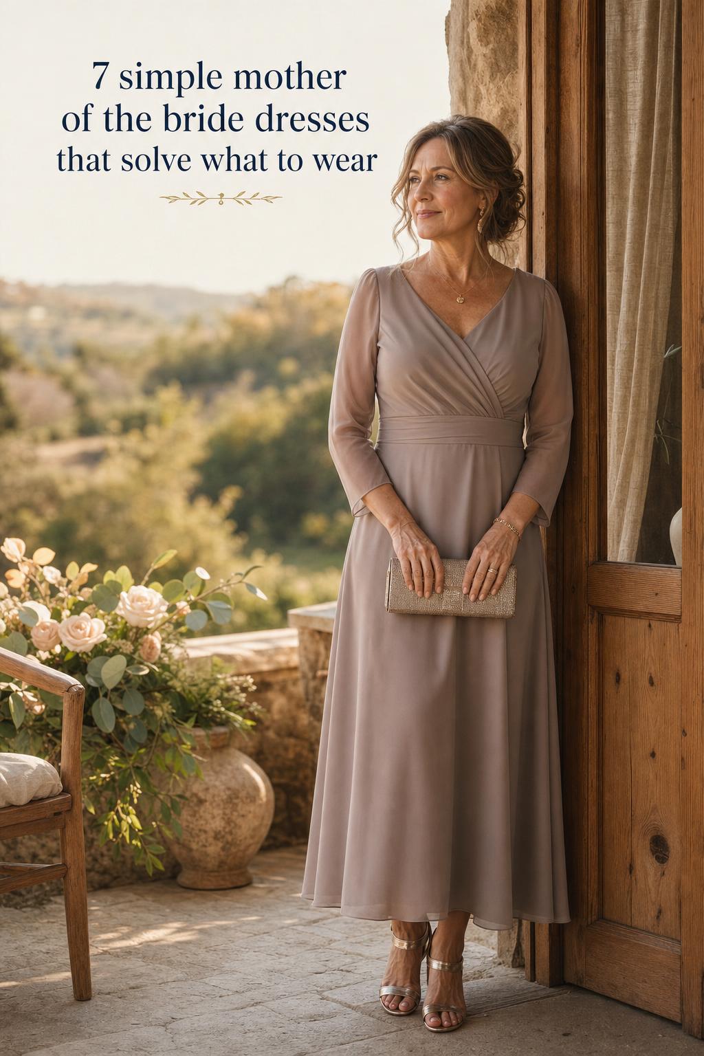 Woman in champagne dress at rustic garden wedding, showcasing simple mother of the bride dresses in golden-hour light