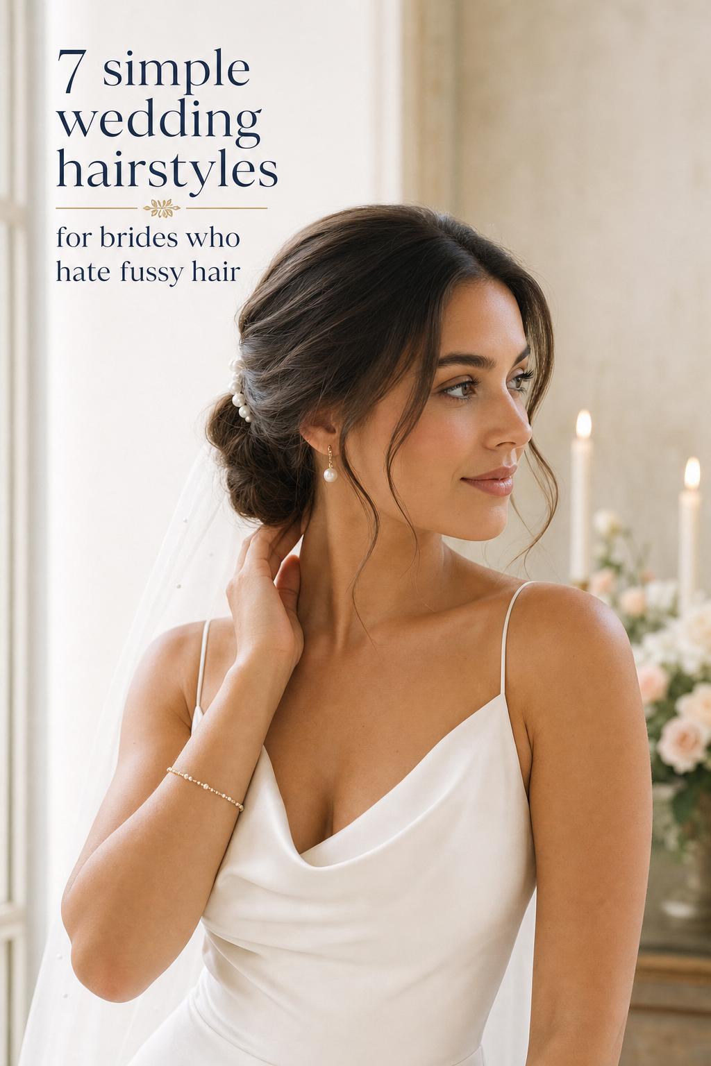Modern bride in satin gown showing a low bun with pearl pin, simple wedding hairstyles inspiration in soft daylight