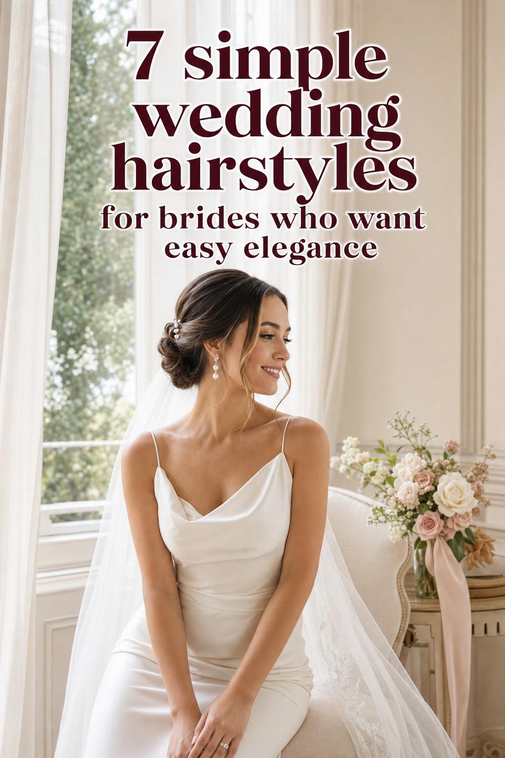 Bride in airy bridal suite showing a low bun with pearl pins, inspiring simple wedding hairstyles in natural daylight