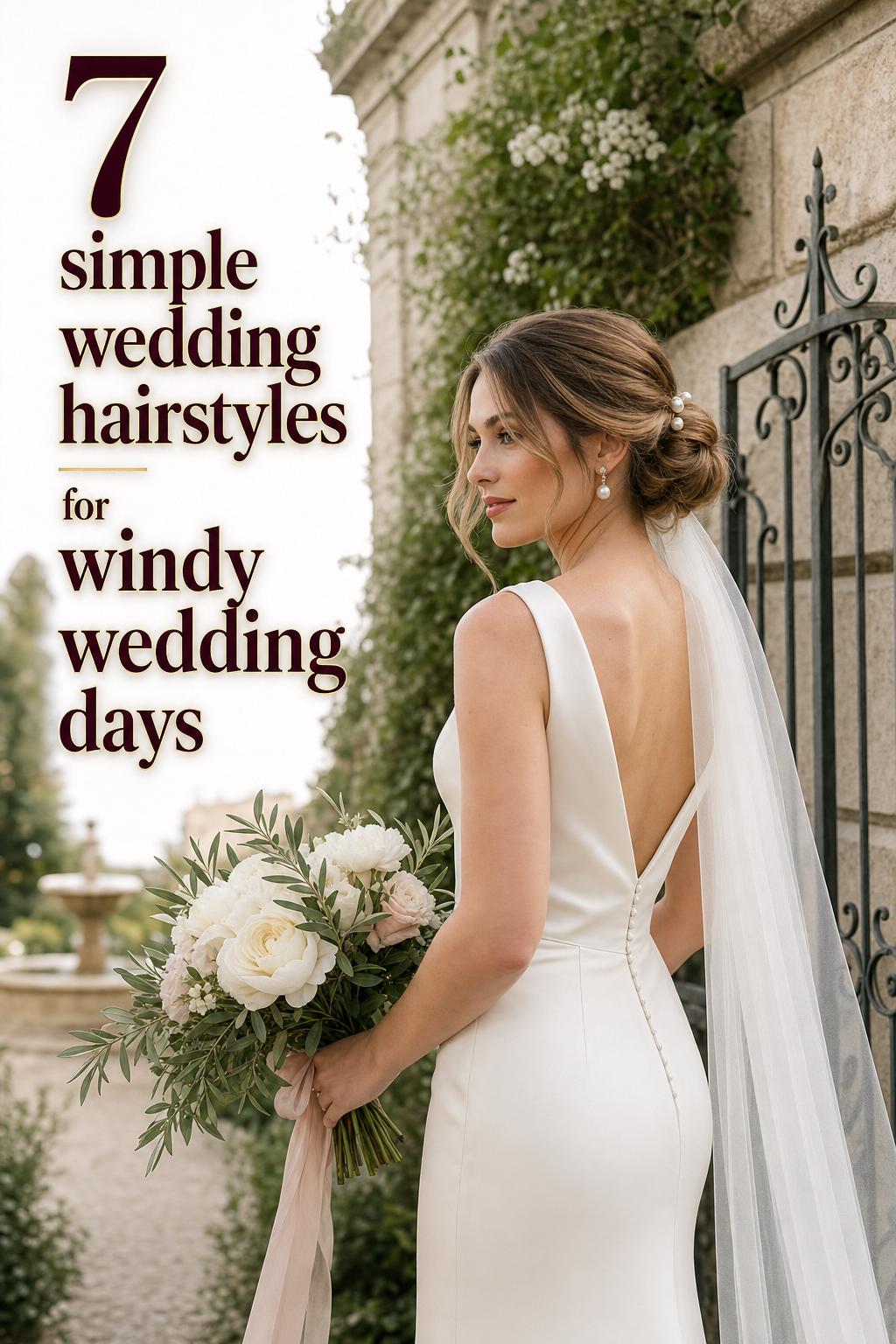 Simple wedding hairstyles inspiration: bride with polished low chignon and pearl pins in a European garden by a stone villa gate