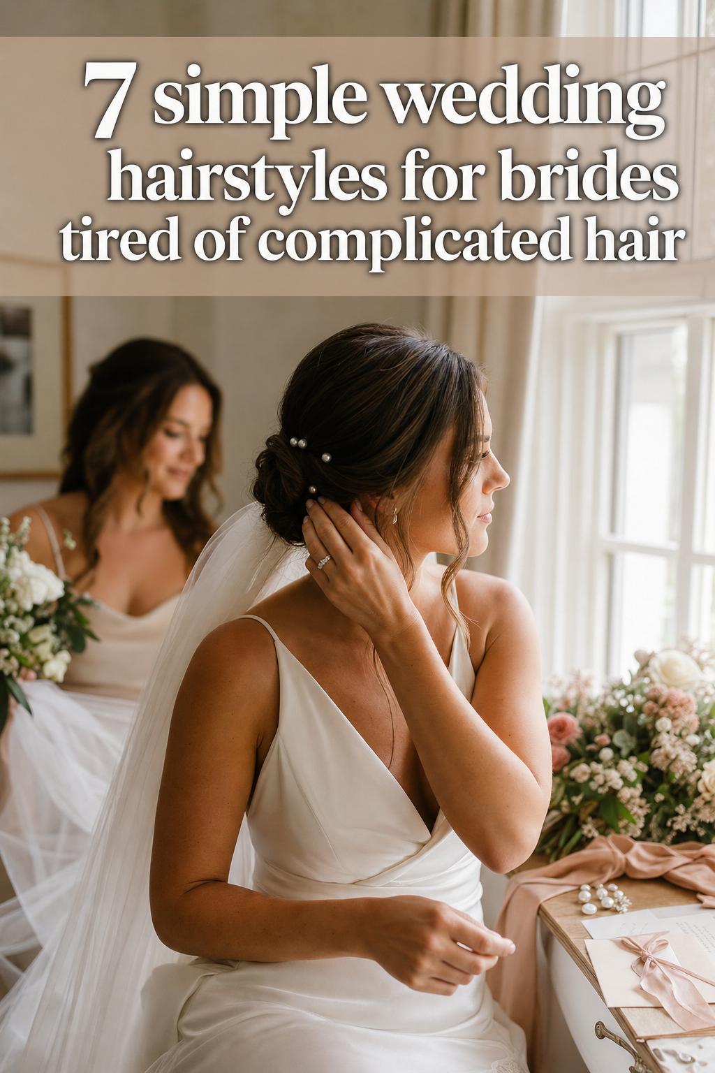 Simple wedding hairstyles with a romantic low bun and soft face-framing curls in natural bridal lighting