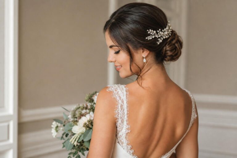 Bride wearing a sleek low bun with pearl pins, showcasing simple wedding hairstyles in soft spring light