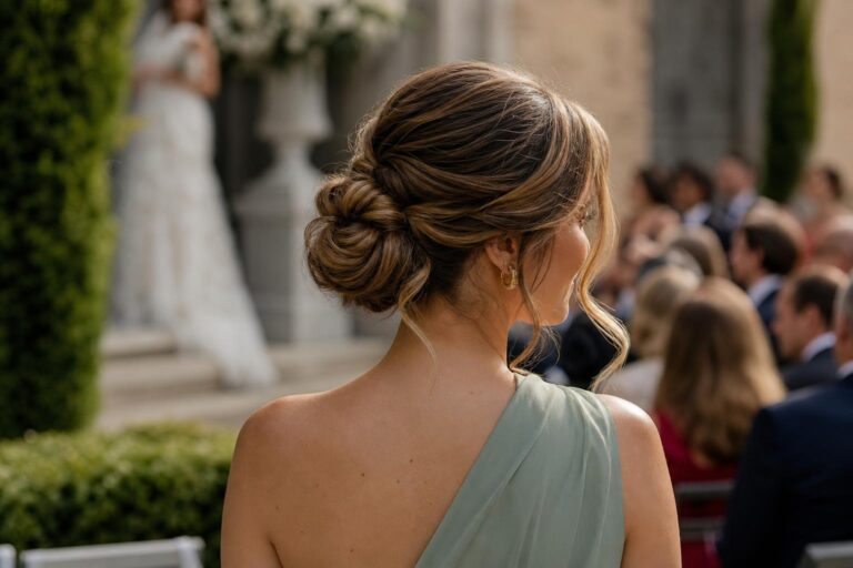 Wedding guest hairstyles updo with a sleek low knot and center part, polished finish for a modern formal look