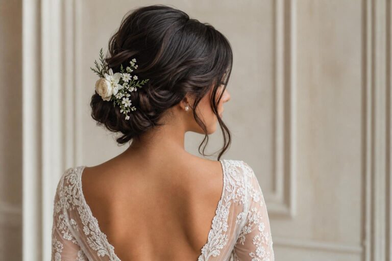 Wedding hairstyles bun in a sleek low updo with center part, glossy finish, and pearl pins for a modern bride