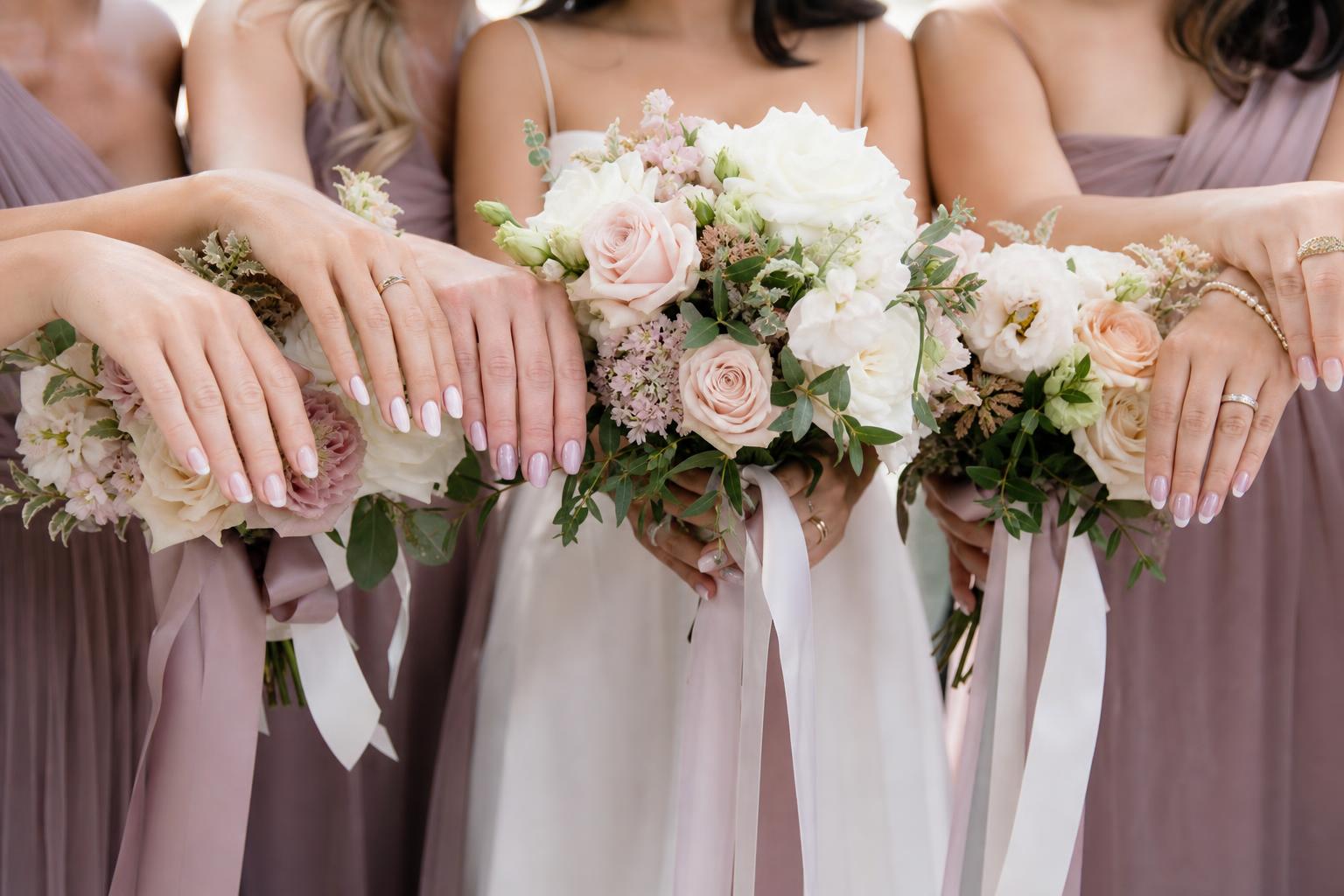Wedding nails for bridesmaids in soft blush pink with a glossy finish on almond-shaped nails, photographed close-up