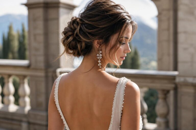 Bride with soft low chignon and face-framing pieces, a timeless bridal hair styles look in warm cinematic light