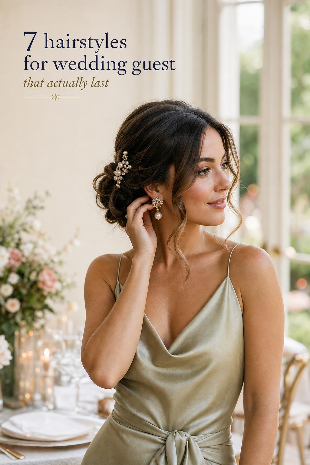 Wedding guest with soft low chignon and pearl hair pin by window, elegant hairstyles for wedding guest inspiration