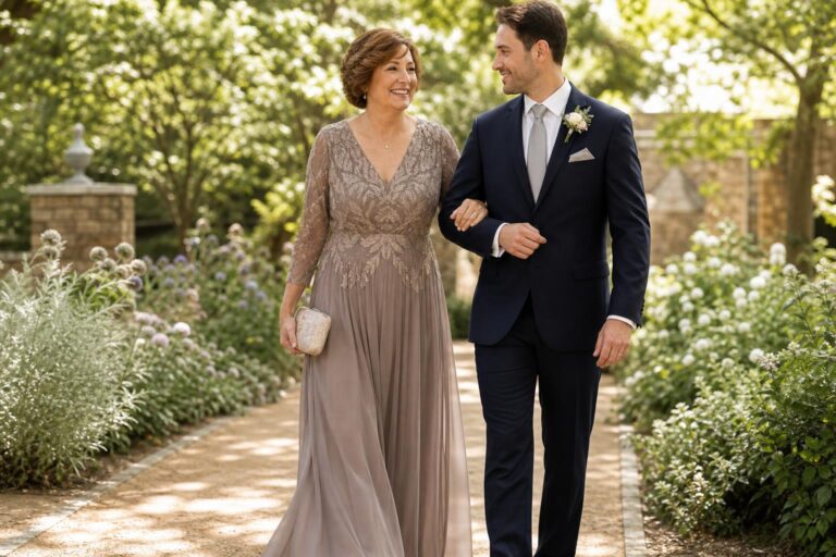 Boho mother of the groom dresses in soft lace and chiffon, photographed in spring light with a flowing midi silhouette
