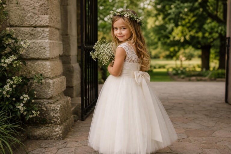 Soft ivory lace and tulle flower girl dress ideas for a spring garden wedding, with a simple sash and polished shoes