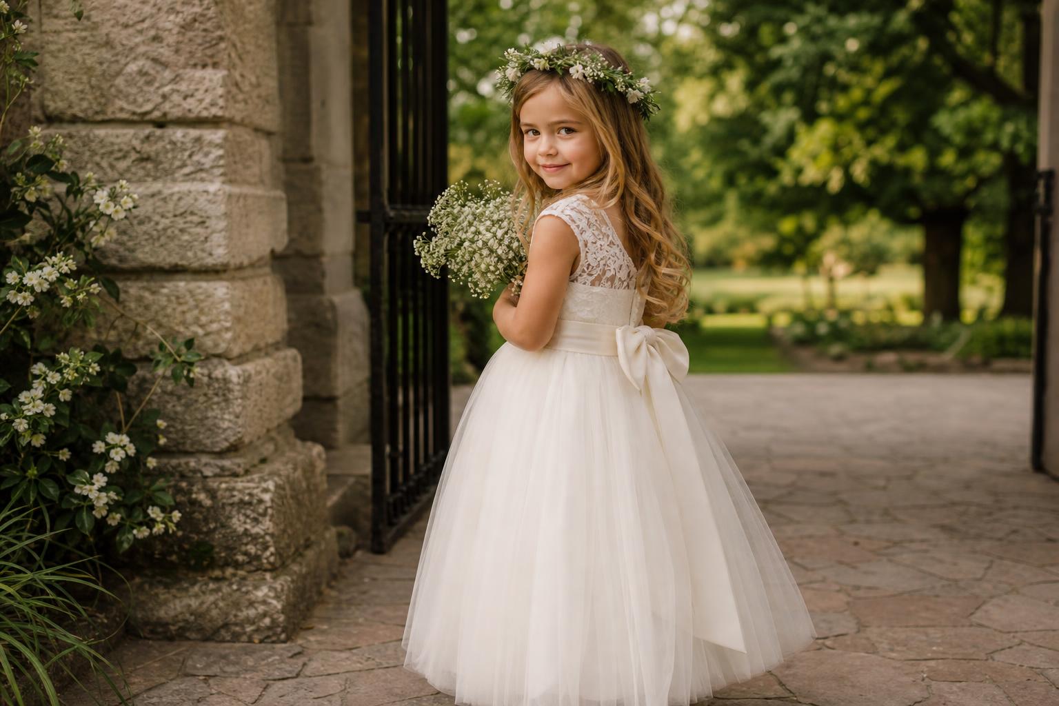Soft ivory lace and tulle flower girl dress ideas for a spring garden wedding, with a simple sash and polished shoes