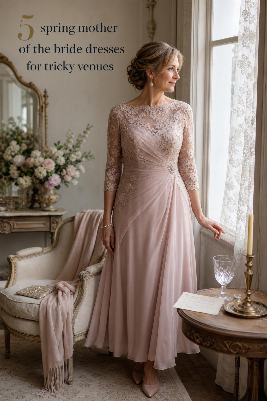 Spring mother of the bride dresses: elegant woman in blush chiffon gown by a sunlit window in a vintage bridal suite