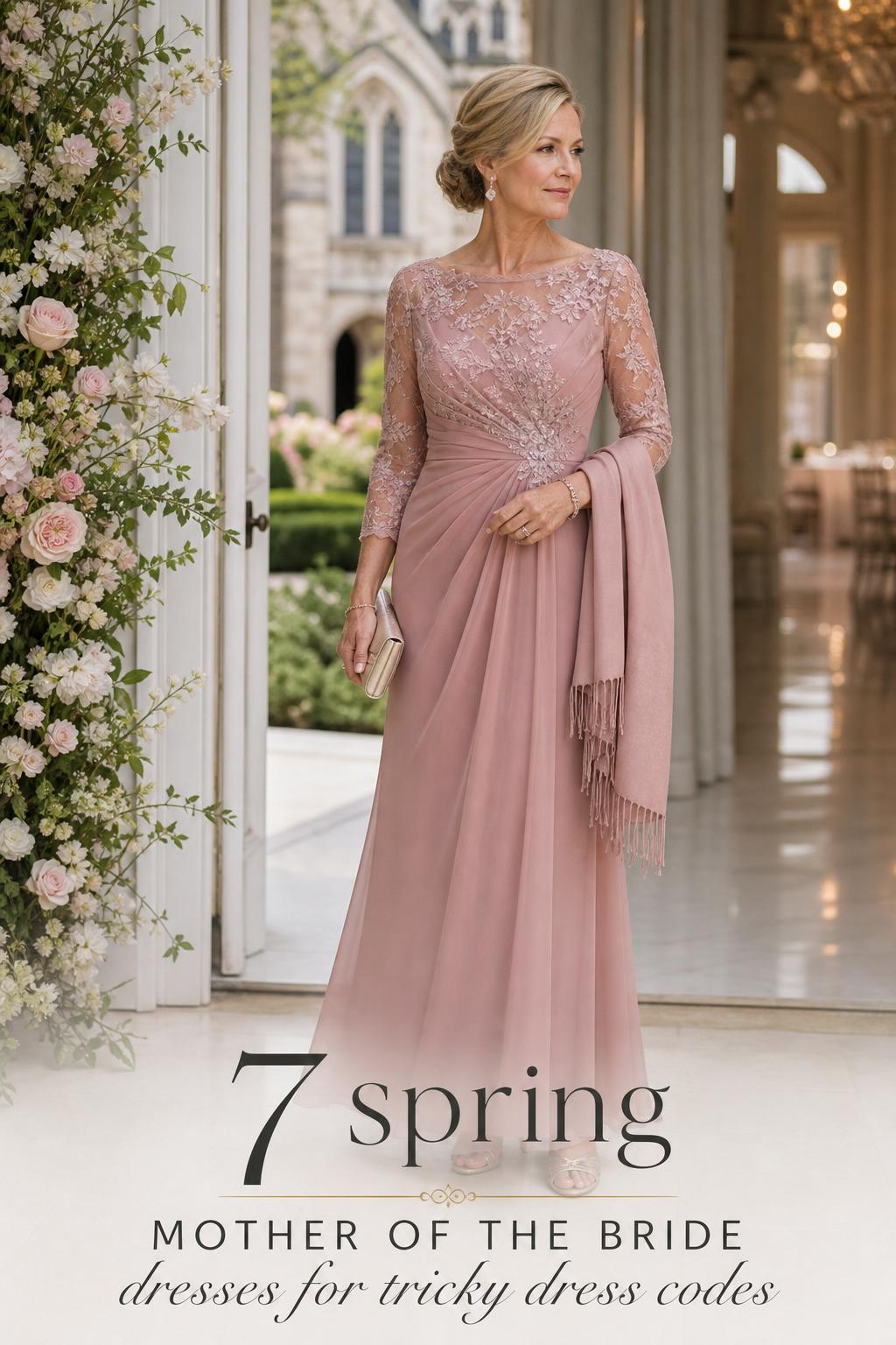 Spring mother of the bride dresses in dusty rose chiffon with shawl, pearl earrings, and soft daylight at a wedding venue