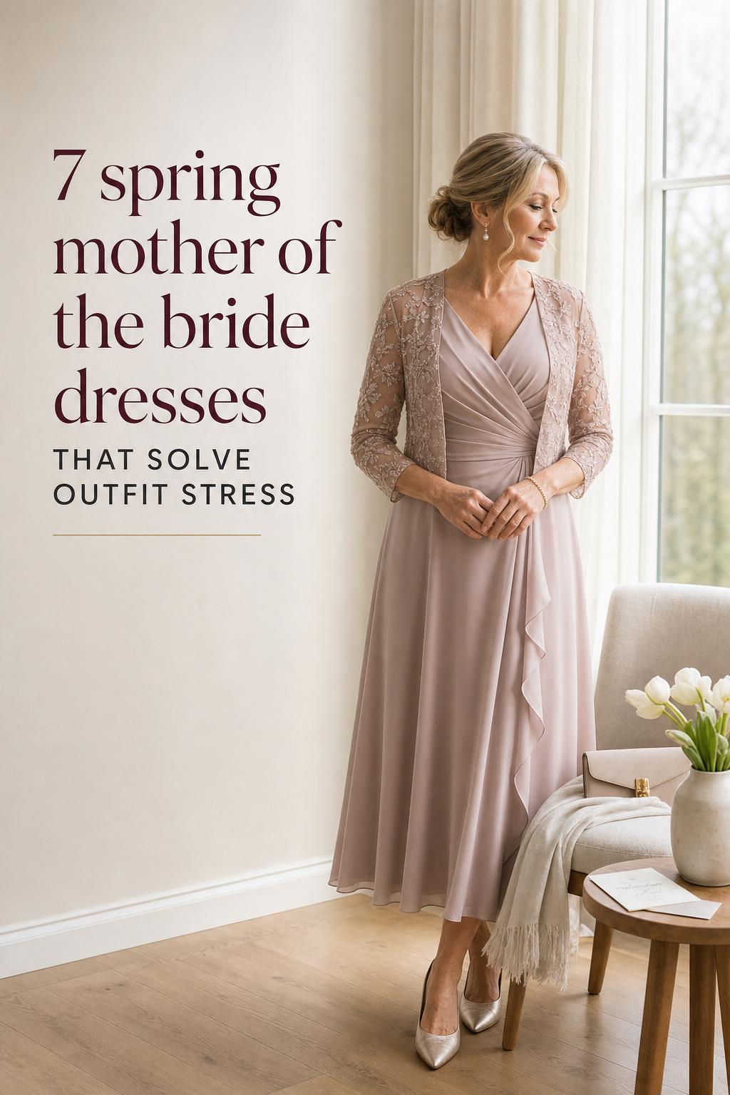 Spring mother of the bride dresses in a light Scandinavian bridal suite, mother in dusty rose chiffon by window