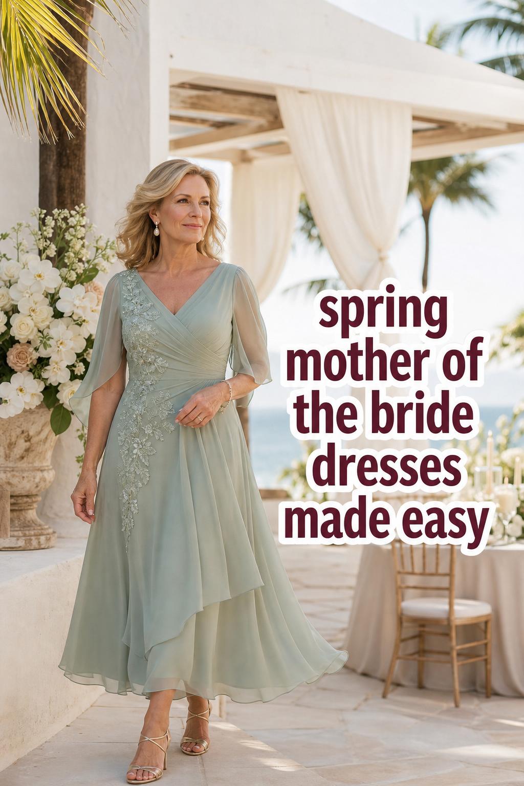 Spring mother of the bride dresses inspiration in sage chiffon on a tropical villa terrace, elegant wedding editorial portrait