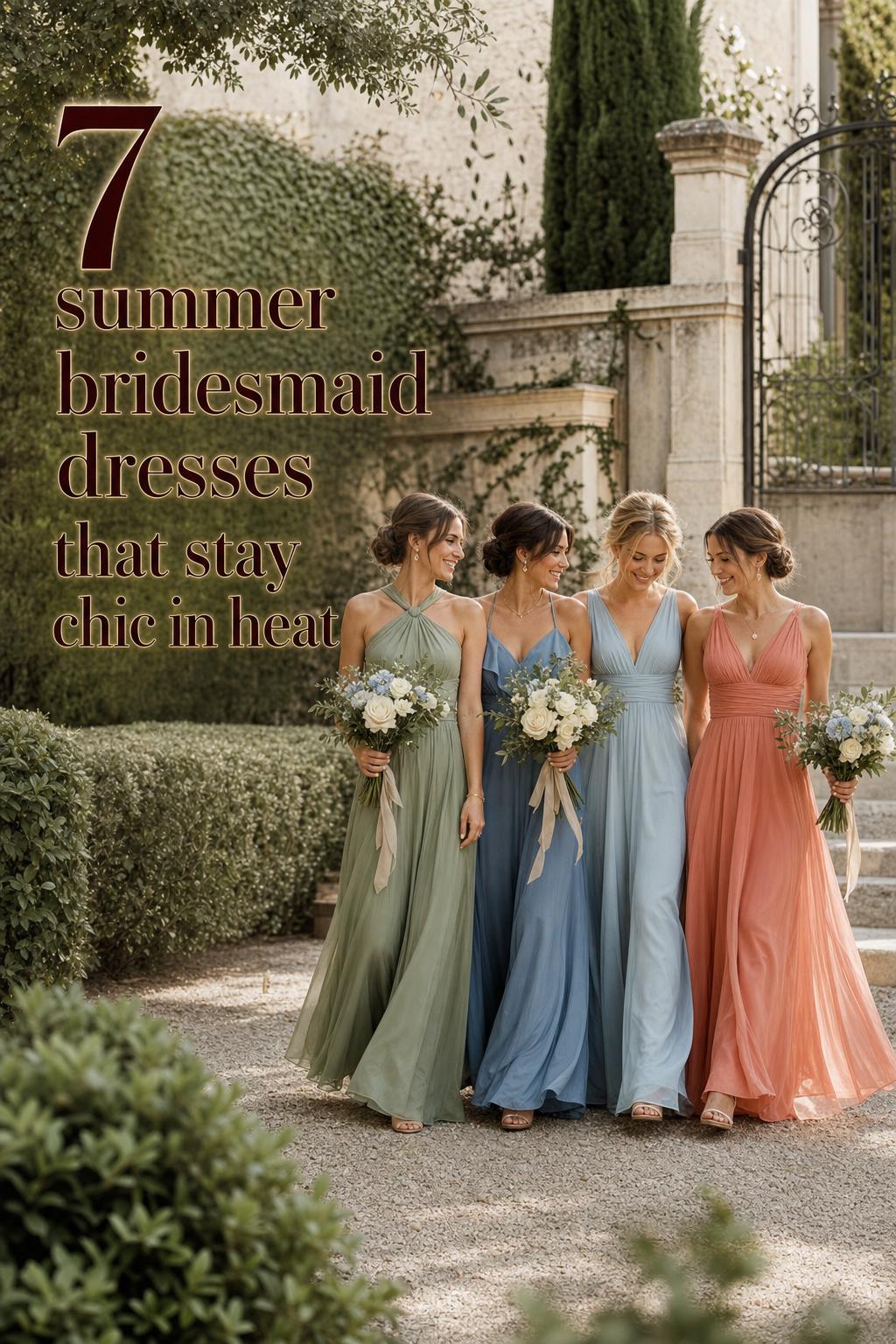 Summer bridesmaid dresses in soft sage and blue tones as bridesmaids walk along a European villa garden path