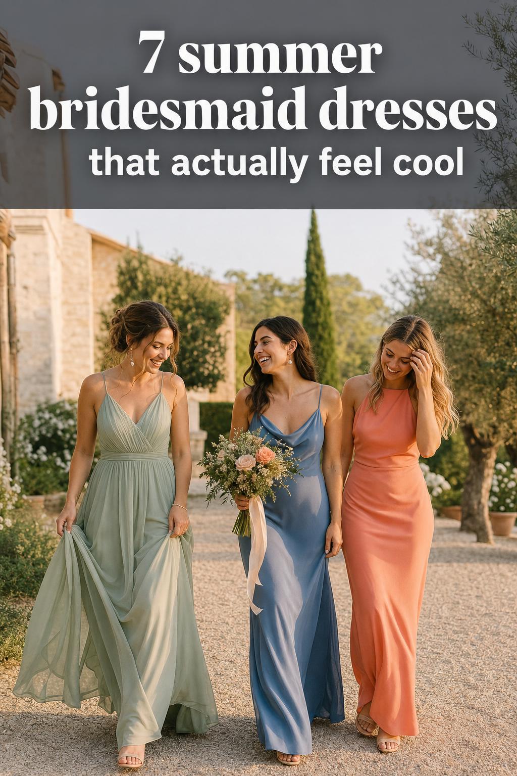 Summer bridesmaid dresses in soft pastel colors, photographed outdoors in natural sunlight at a garden wedding