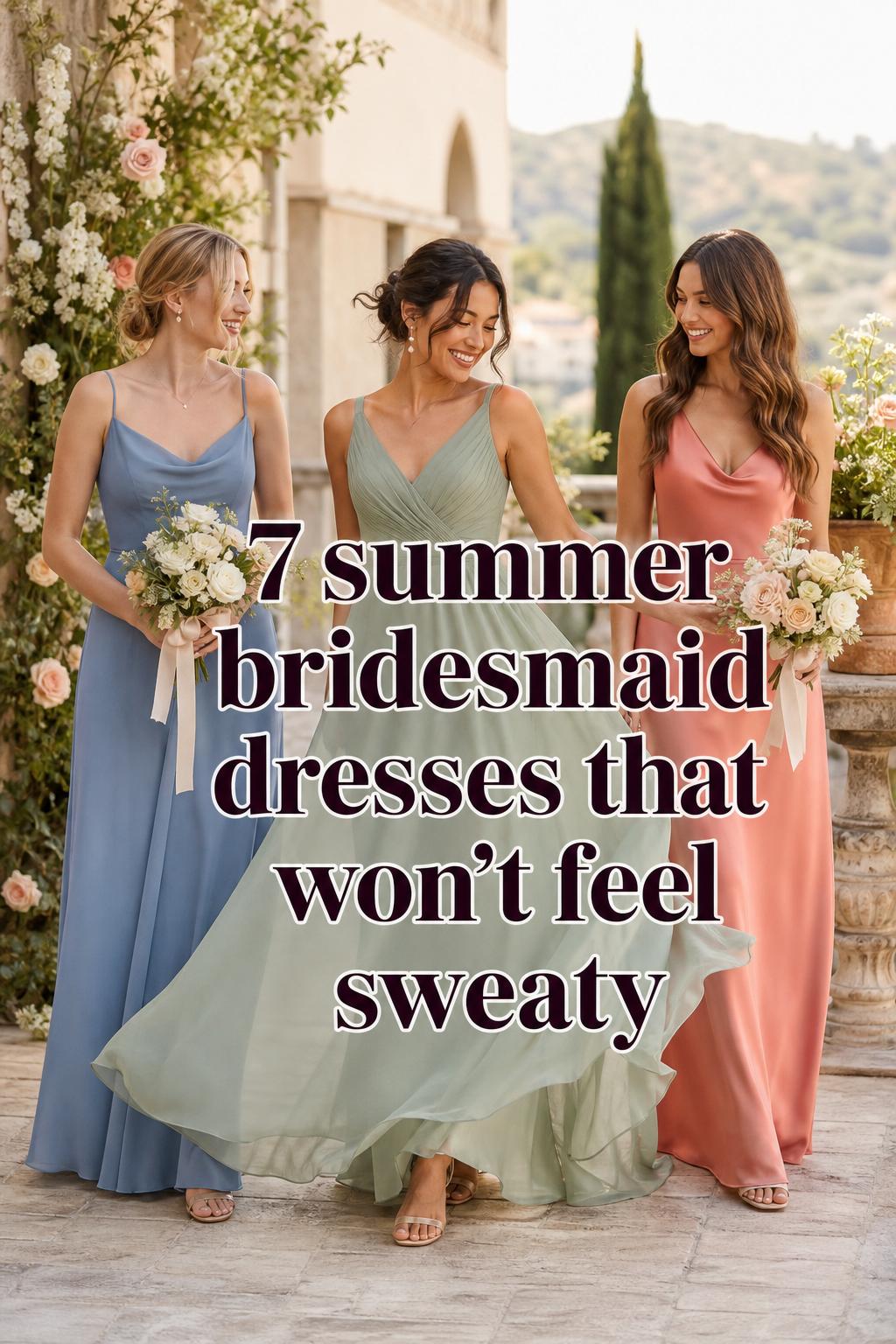 Summer bridesmaid dresses in sage green, dusty blue and coral on a sunlit garden terrace with editorial text overlay