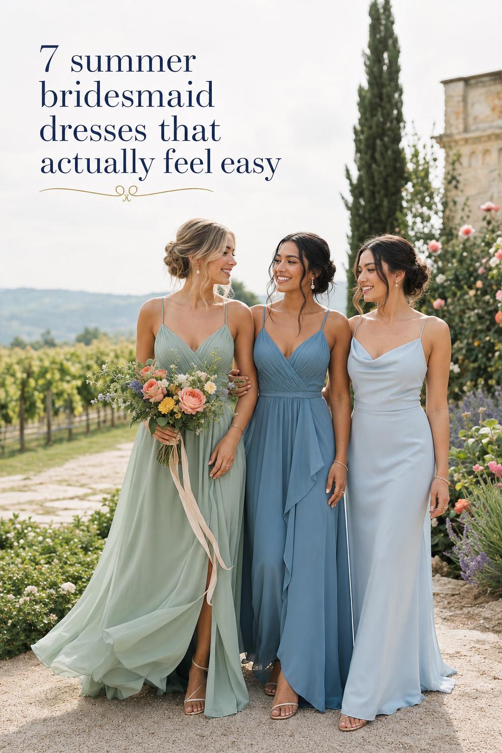 Summer bridesmaid dresses in sage green, ocean blue and pastel blue worn by three bridesmaids in a sunlit vineyard garden