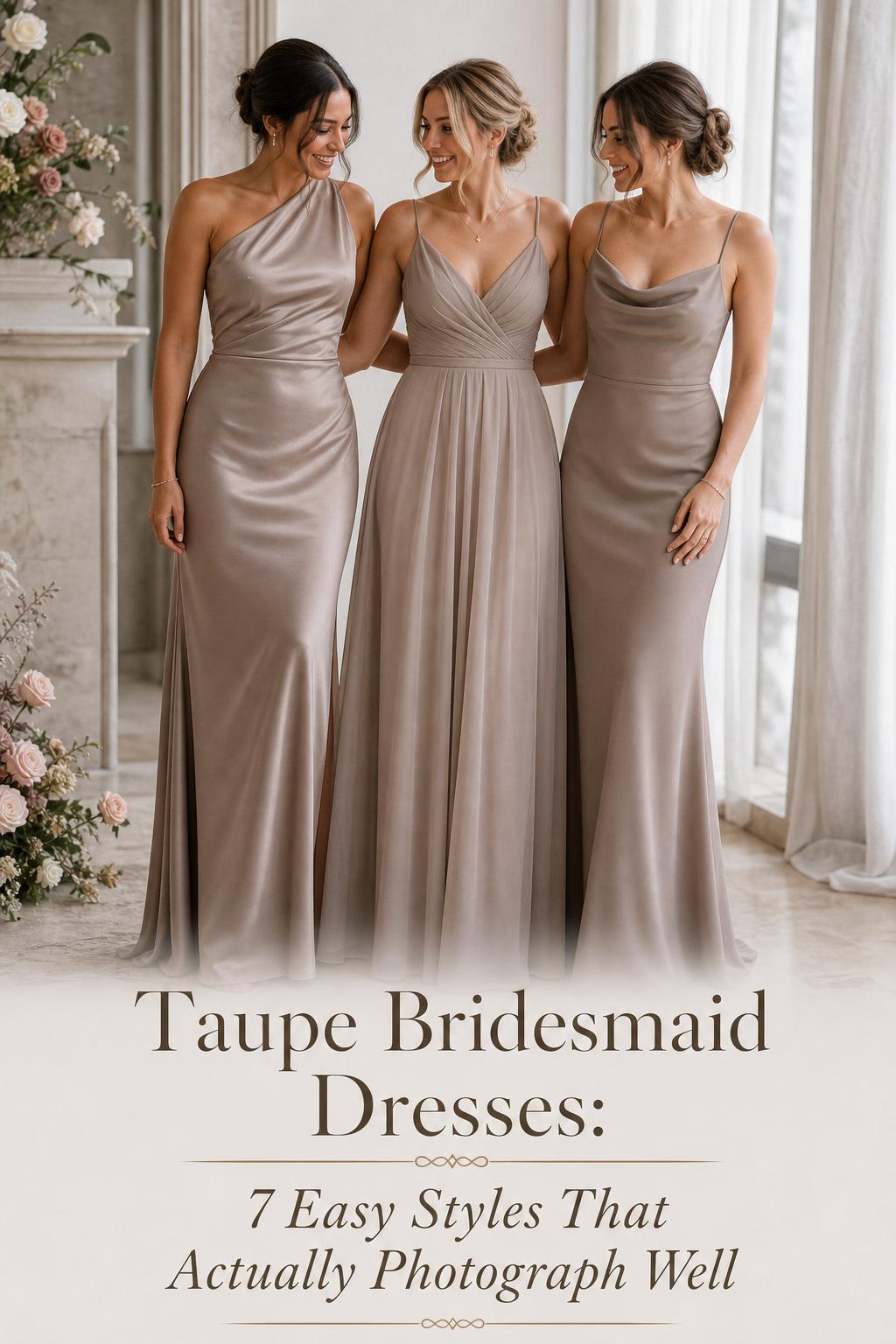 Taupe bridesmaid dresses on three bridesmaids in a bright modern wedding venue, showcasing satin, chiffon, and crepe styles