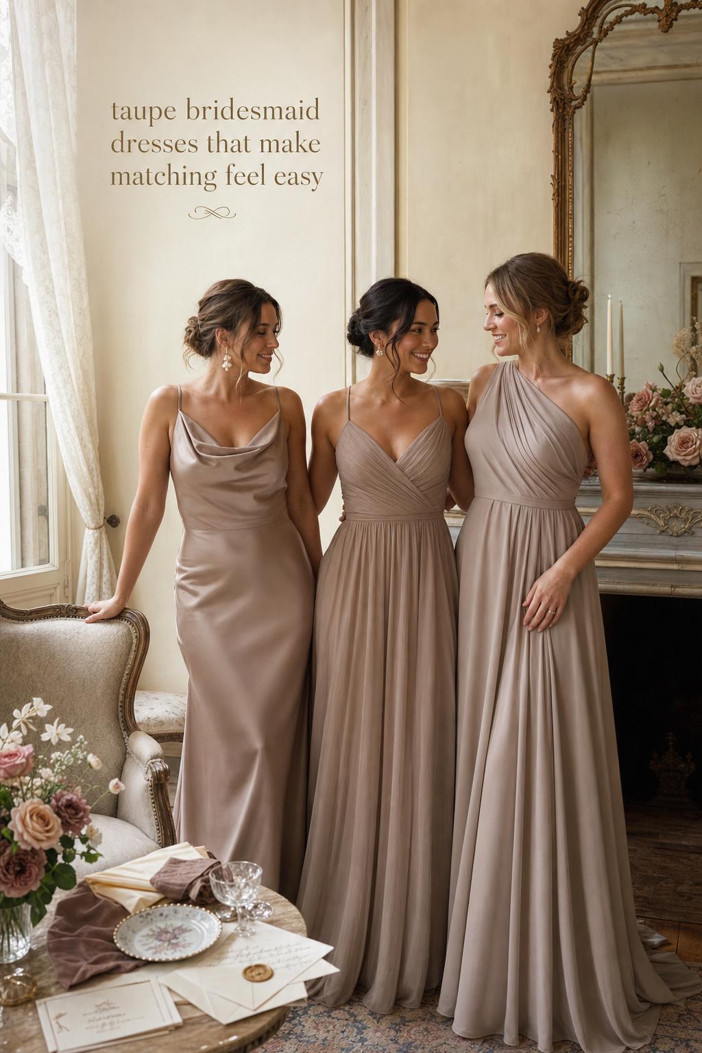 Three bridesmaids in taupe bridesmaid dresses pose by a window in a vintage interior with soft light and heirloom details