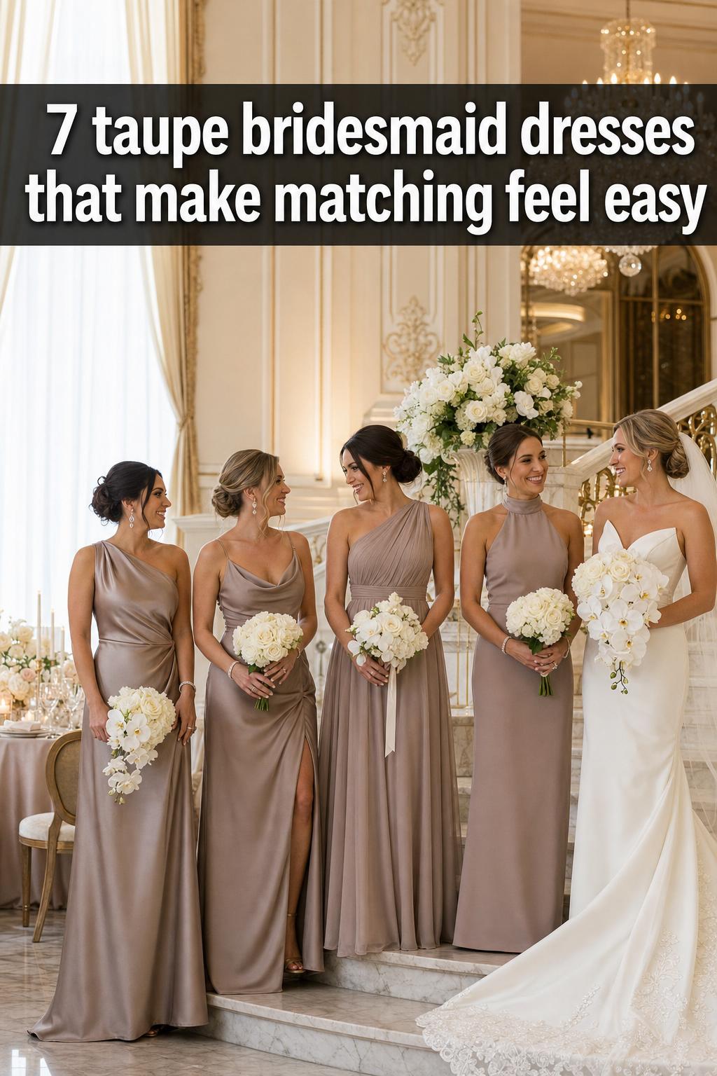 Taupe bridesmaid dresses in an elegant wedding party portrait, showcasing soft neutral tones and timeless style.