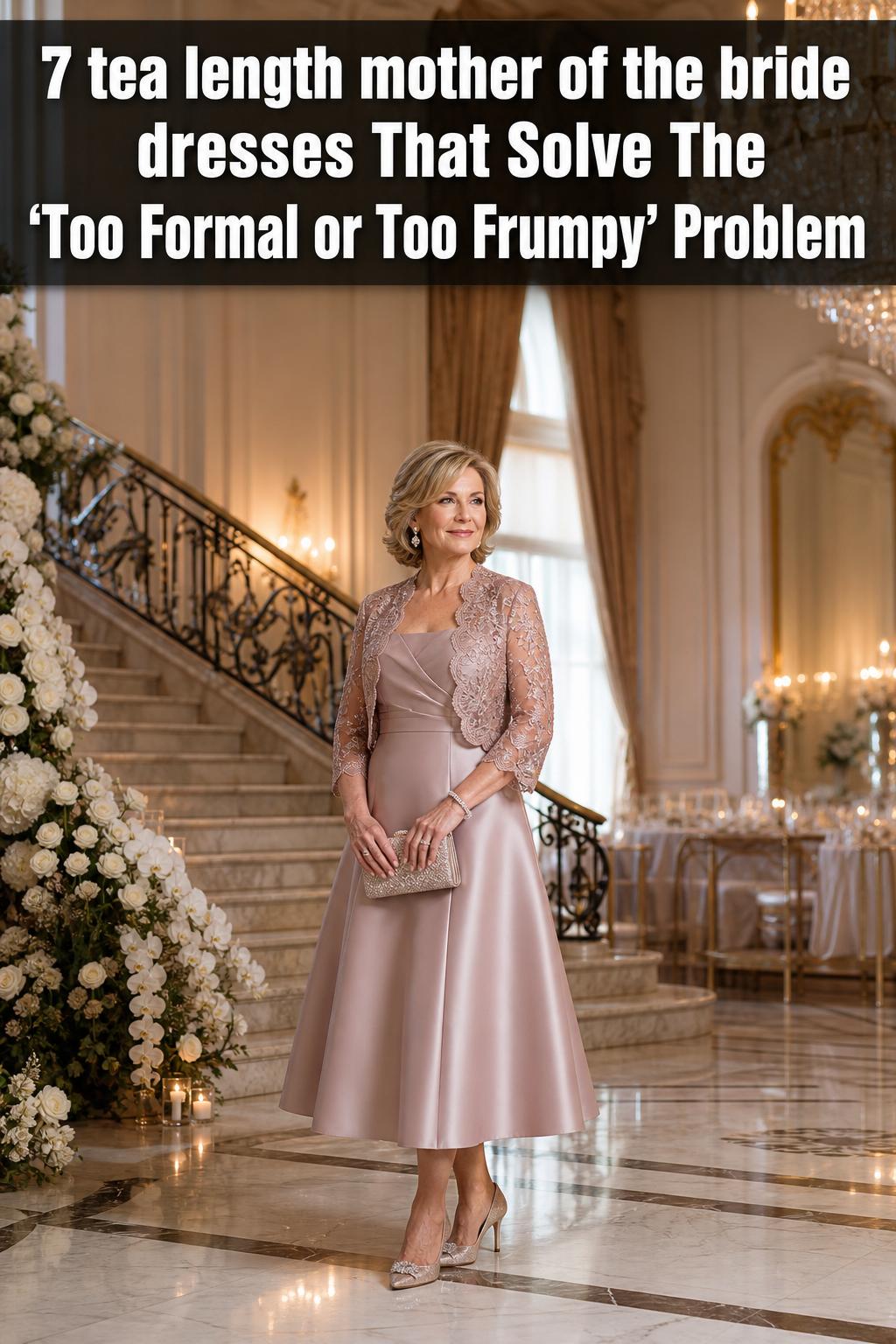 Tea length mother of the bride dress in soft lace with satin waist, elegant and timeless for a wedding day